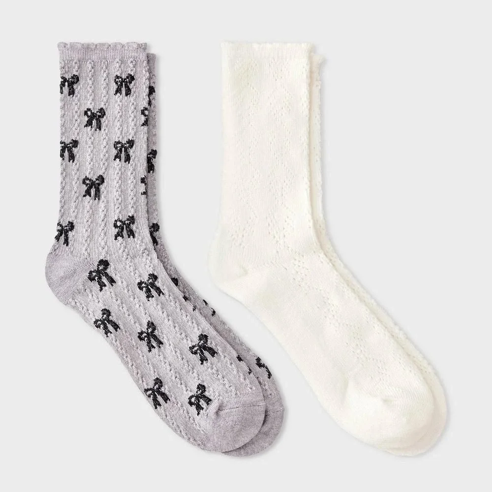 Women's Scallop Edge All-Over Bows and Pointelle 2pk Crew Socks - Auden 4-10